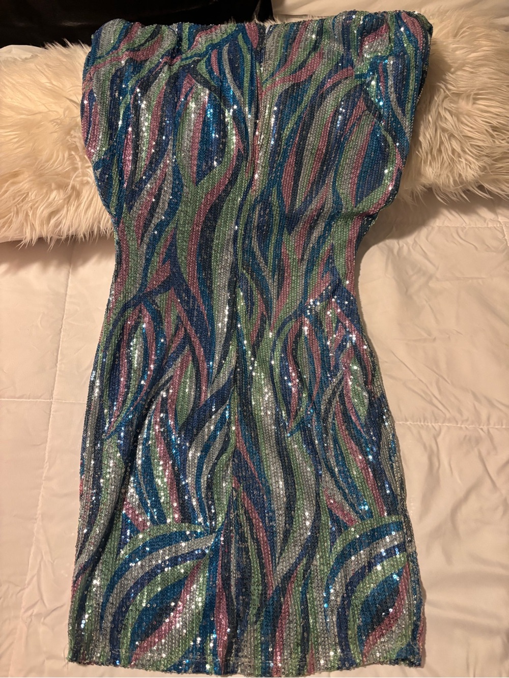 Sequin Wave padded shoulder Dress in Blue, Green & Pink